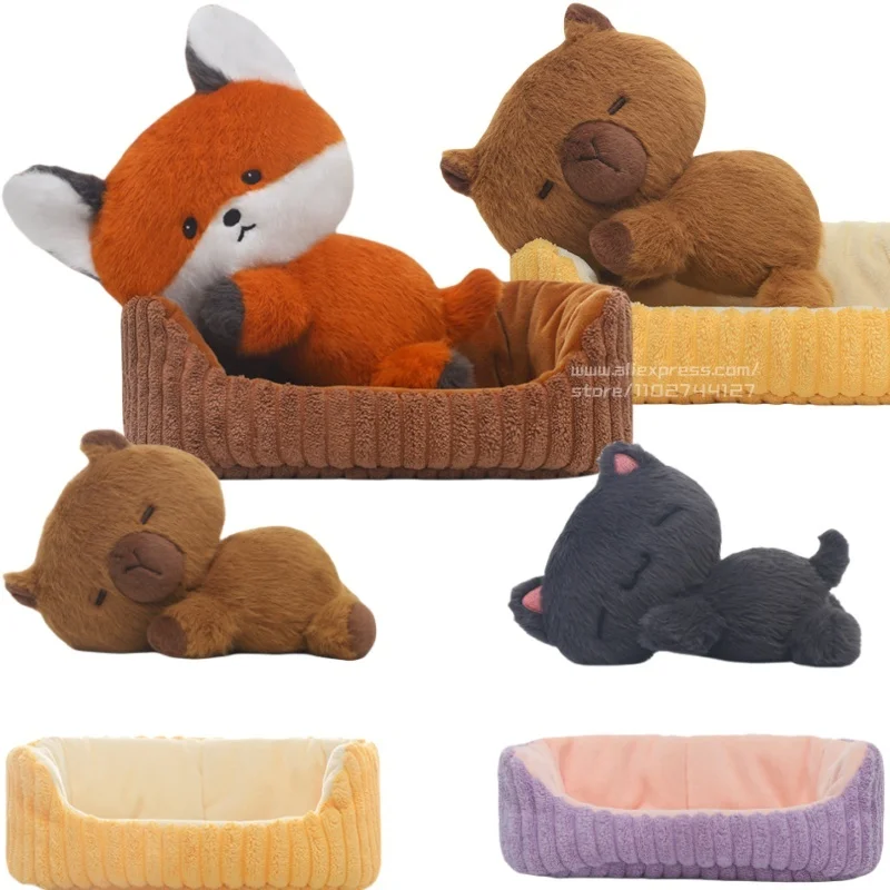 

High Quality Lying Capybara Black Cat Fox in Nest Super Cute Cartoon Stuffed Animals Cuddly Plushie for Kids Birthday Gift