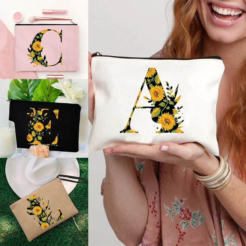 Zonnebloem Brief Print Vrouwen Make-Up Tas Stil Tijdens Studentendagen Beste Liefde Cadeau Voor Meisjes School Briefpapier Zakken Portemonnee