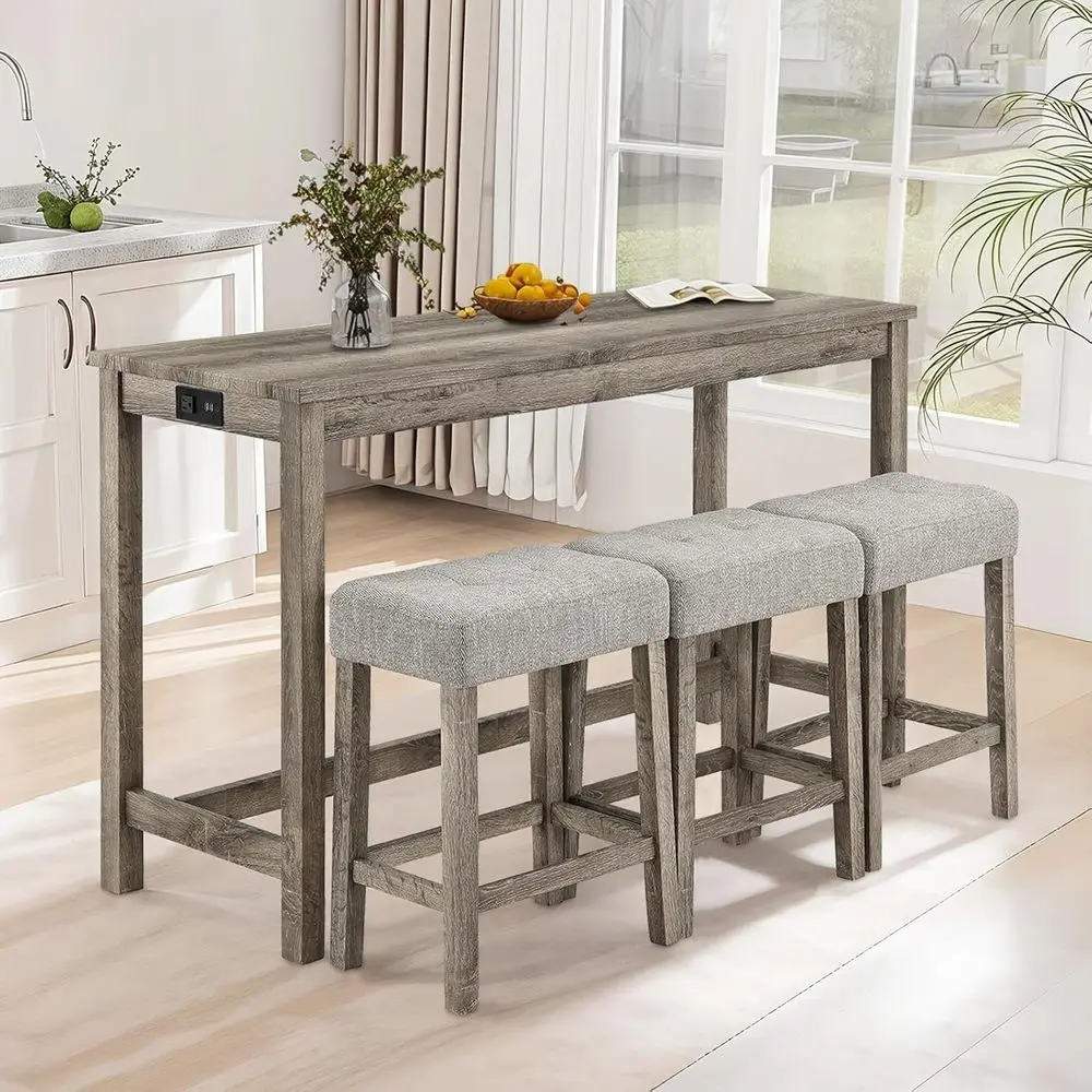 

4-Piece Dining Set with Power Outlet, Industrial Style Breakfast Table, 3 Padded Stools, Rustic Kitchen Bar, Brown