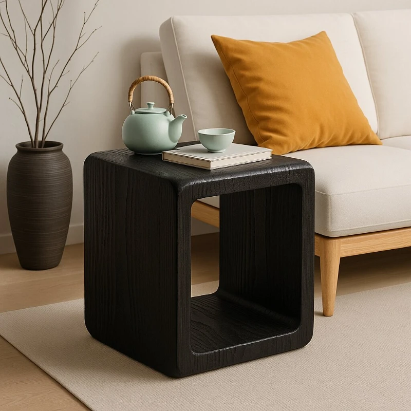 

Charred Wood Multi-Purpose Low Stool Wabi-Sabi Style Shoe Bench Minimalist Sofa Side Table Small Space Organizer Storage Cabinet