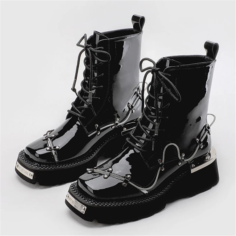 

2023 New Punk Style Women Ankle Boots Thick Sole Platform Botas Mujer Ladies Square Toe Lace-up Short Booties Chunky Heel Pumps