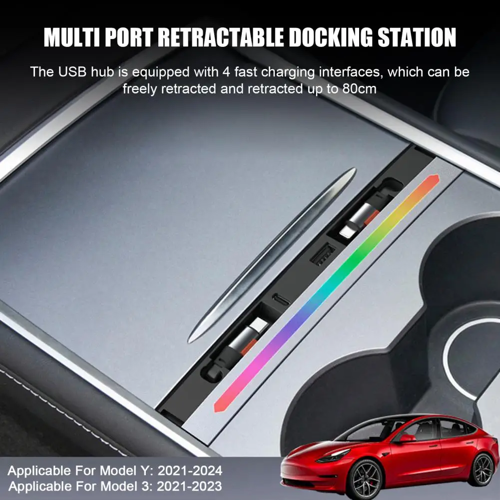 USB Hub Fast Charger for Tesla Model 3 Model Y 27W Docking Station with Light Retractable Cable 4 Charging Ports Car Accessories