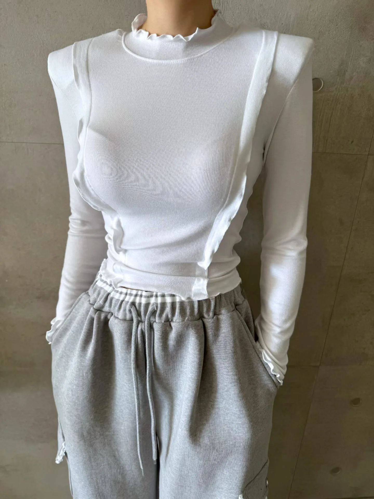 

Spring New Sle Women's Long Sve T-irt Pure Color Wood ain Ruffle Splicing Base irt Korean Sle Casual Faion