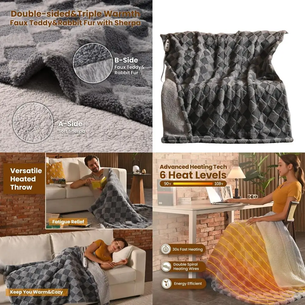 

Серое электрическое одеяло из искусственного меха и шерпа 50x60 с 4-часовым таймером и 6 настройками нагрева, двустороннее, можно стирать в машине, подарочная коробка