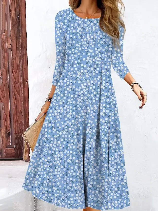 2023 Autumn New Sweet Fresh Print Long Sleeve A-line Skirt Round Neck Mid length Loose Waist Dress