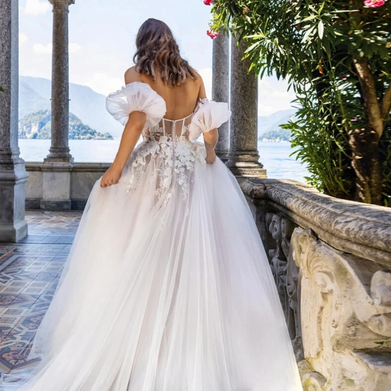 Romantische böhmische Spitze Brautkleid elegant eine Linie Tüll Land garten Brautkleider mit Ärmeln Frauen im Freien Braut