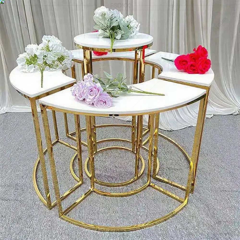FSDKX Furniture Dinner Dessert Cake Table Gold Stainless Steel Wedding Round Buffet Table