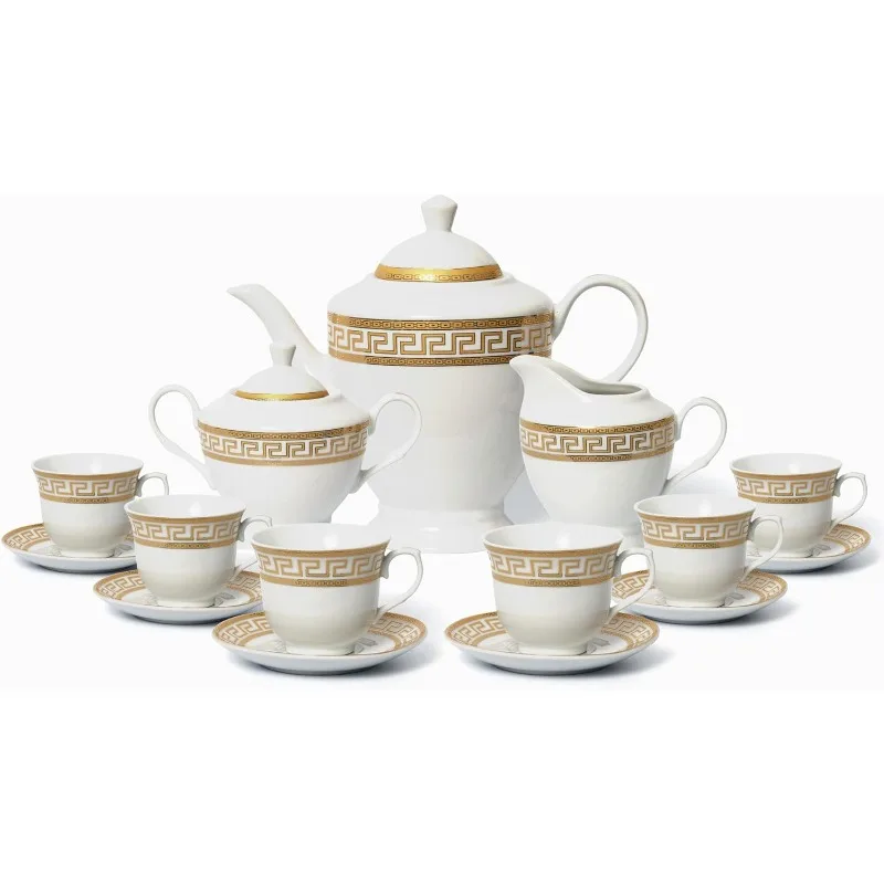 طقم أواني طعام مأدبة مكون من 57 قطعة مفتاح يوناني ذهبي - خدمة طعام فاخرة لأدوات المائدة لـ 8 أشخاص