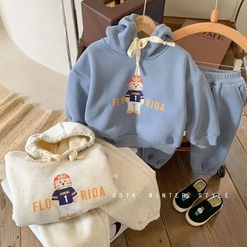 Children's Set Autumn Winter Baby Boys Girls Suit Bear Hooded Integrated Velvet Thick Hooded Sweatshirt +sweatpants Two-piece