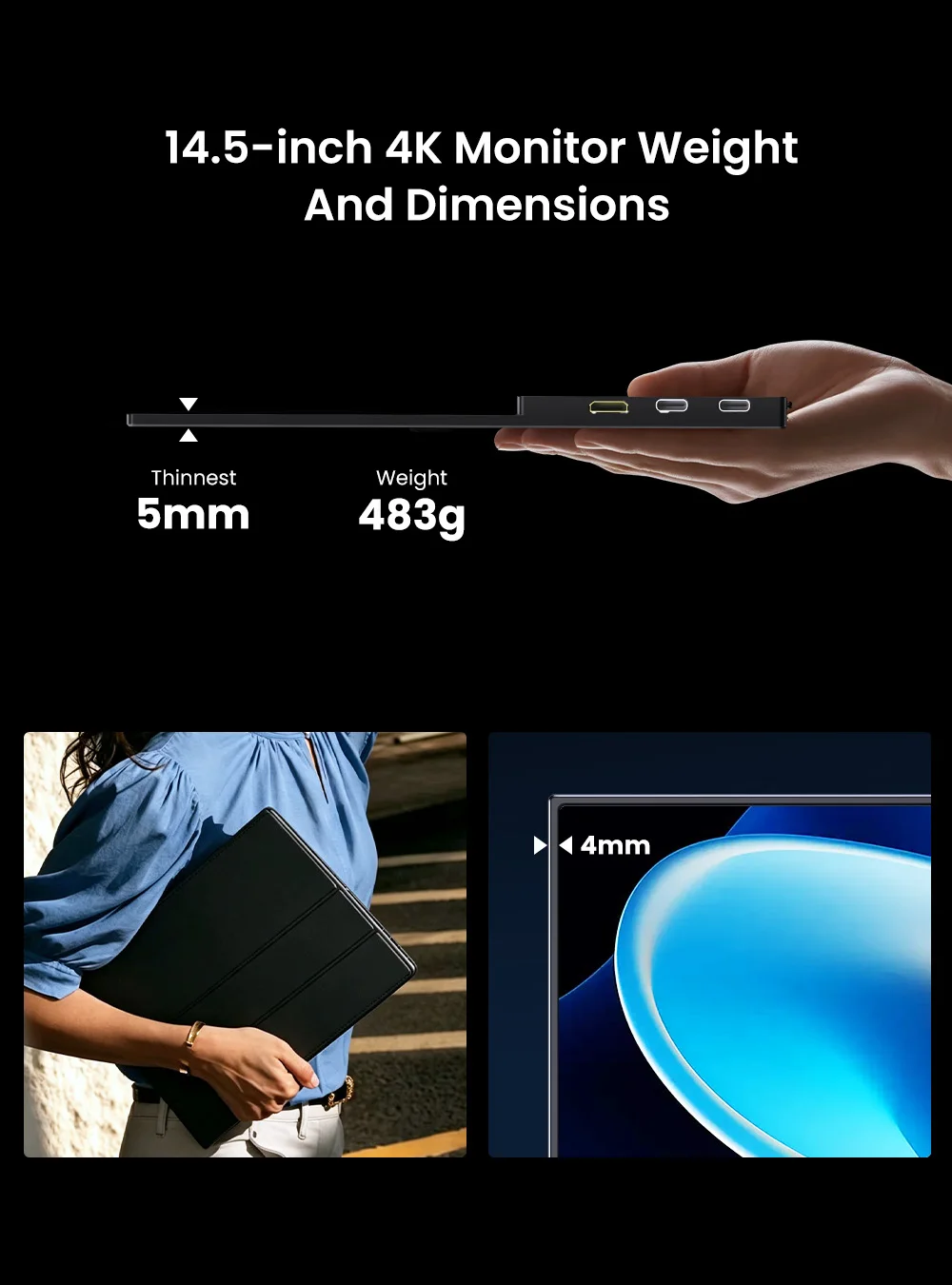 UPERFECT 4K Portable Monitor 14.5" 3840*2400 UHD USB-C HDMI Laptop Monitor 110% sRGB IPS Computer Gaming Display HDR w/Speakers view 5