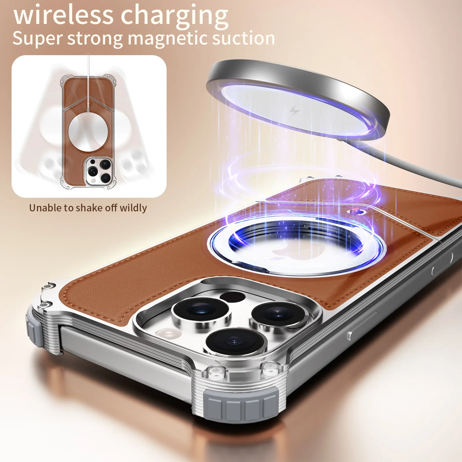 

Роскошный кожаный + металлический чехол с магнитной подставкой на 360 градусов для iPhone 16Pro Max 16Pro max 15 Pro max 14 13 max Защитный чехол с подушкой безопасности