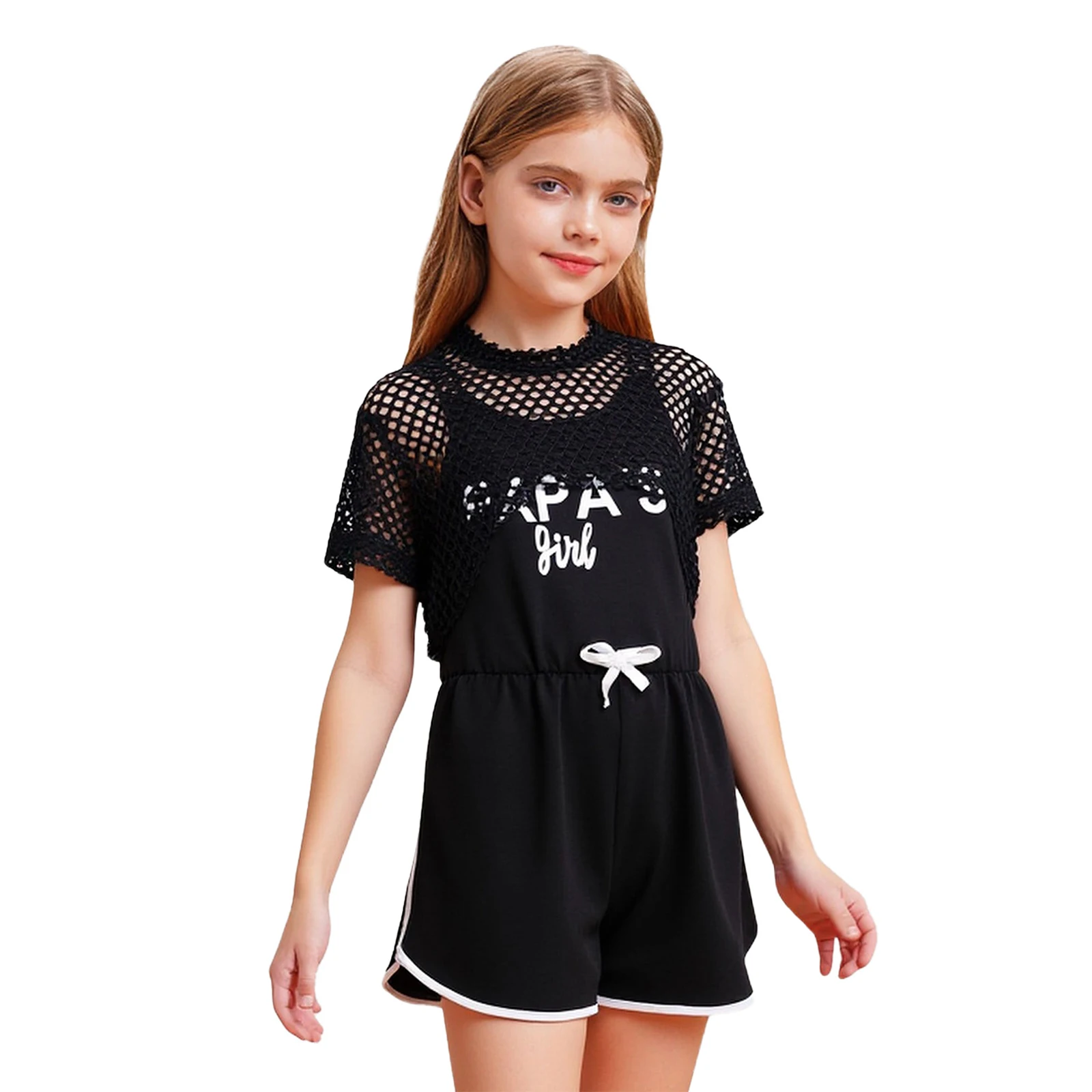 بدلة رياضية للتنس مكونة من قطعتين للفتيات الصغيرات، ملابس رياضية للياقة البدنية، بلوزة قصيرة شبكية مجوفة مع بذلة مطبوعة بحروف