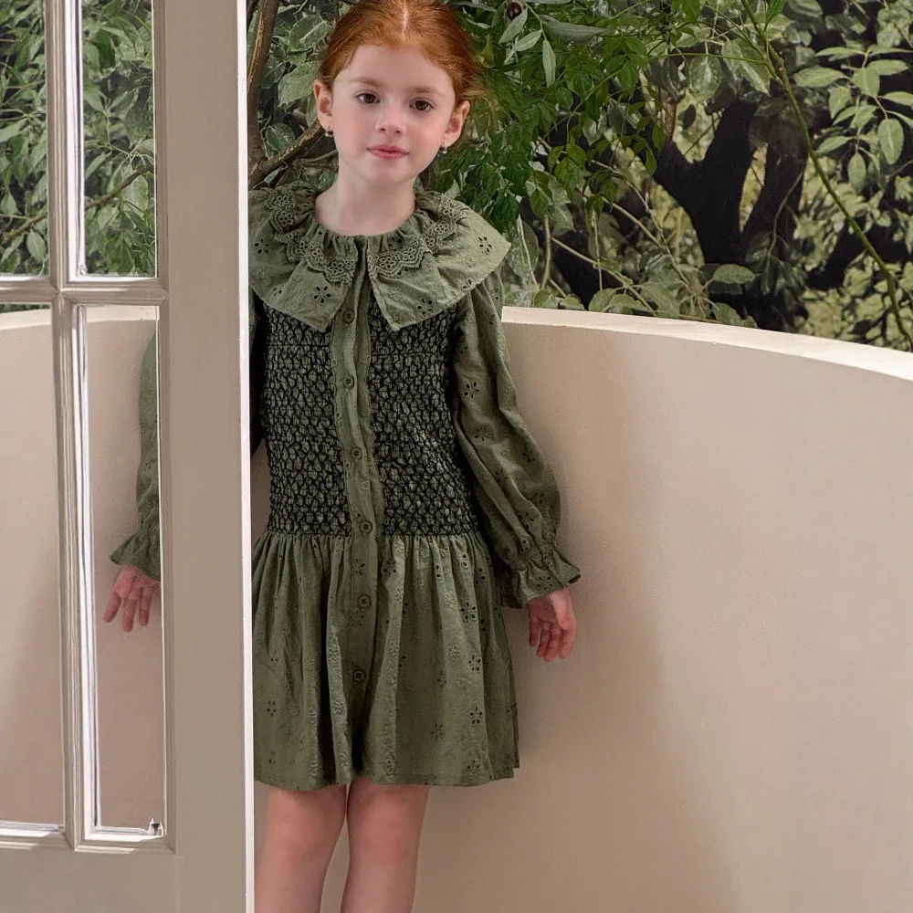 

Toddler Kids Girl Dress New Autumn Peter Pan Collar Ruched Children Girls Princess Dress Korean Teenager Girls Knee Length Dress