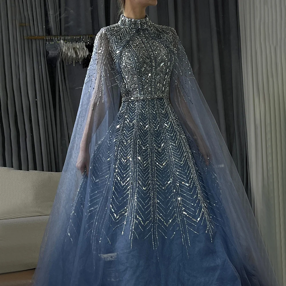 Serene Hill 2024 Blue Beaded Design A-Line Saudi Arabic Evening Dresses Gowns with Cape Sleeves for  Occasion LA72728 Customized