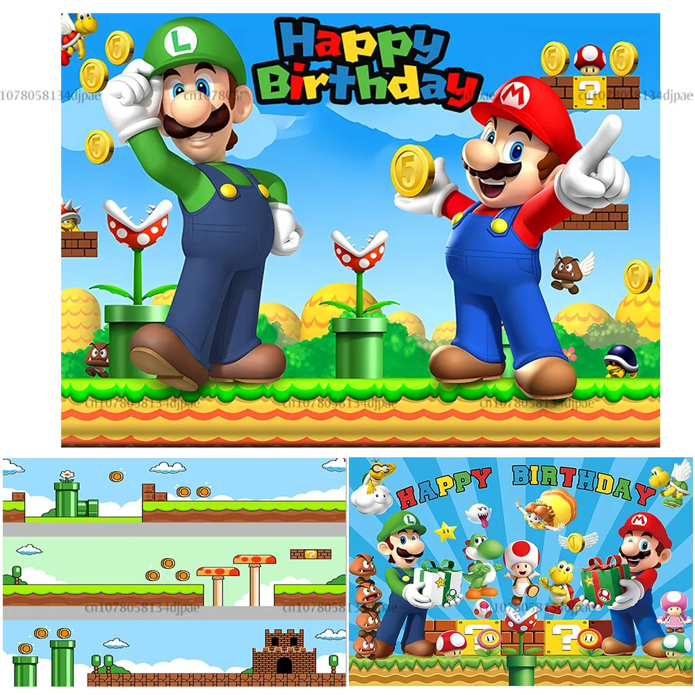 Super Mario Luigi Bros Backdrop Banner Children Boy Happy Birthday Party Background Decor Challenge Game Map Vinyl Photo Booth