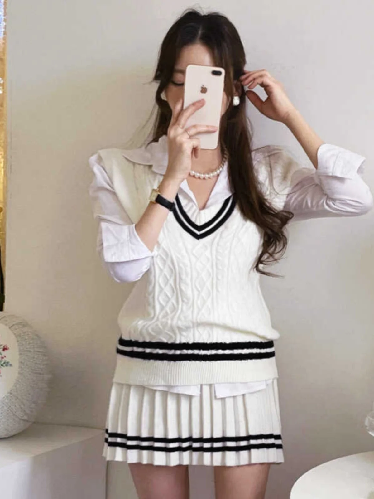 

Комплект Solowen: осенний вязаный жилет с V-образным вырезом и ромбовидным узором, модная плиссированная юбка макси для женщин