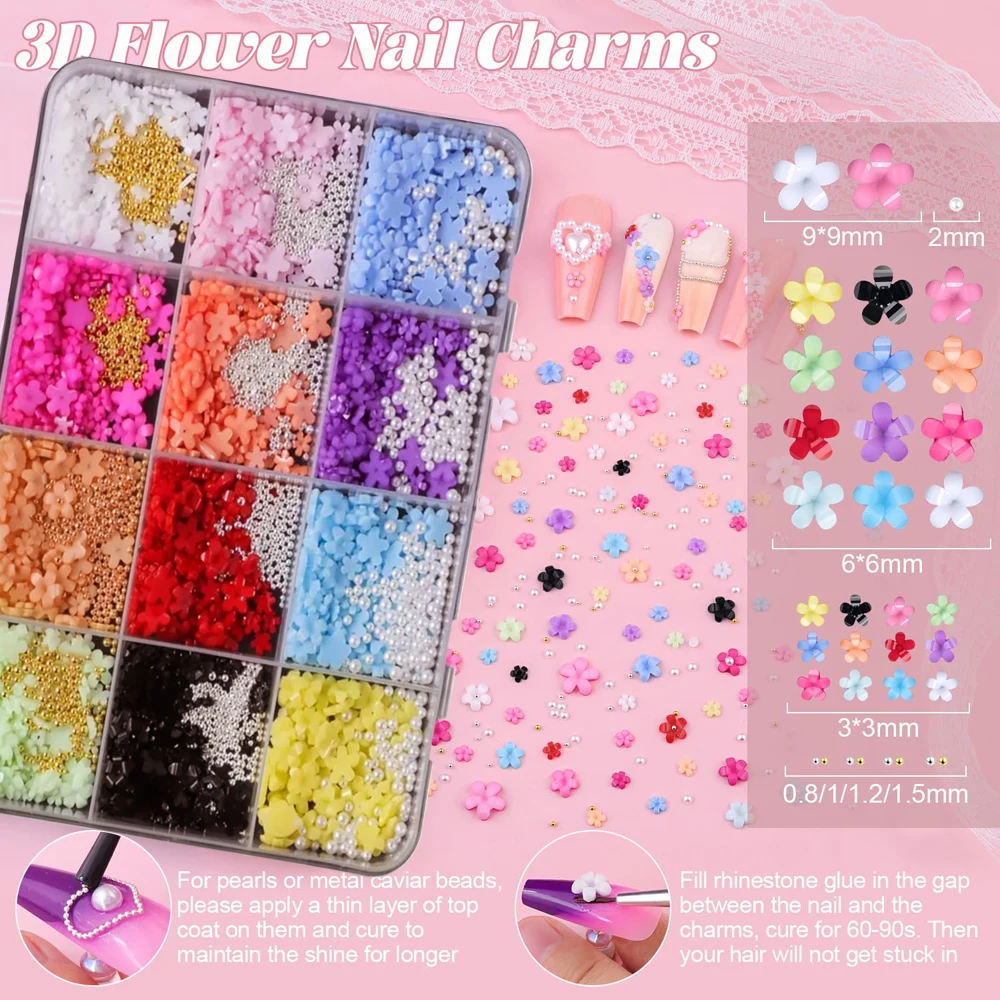 12 شبكة/صندوق 3/6/9 مللي متر زهرة الأكريليك مسمار السحر مختلط حجم الذهب الفضة الخرز الأبيض اللؤلؤ مسمار الفن زينة ملونة مسمار ديكور