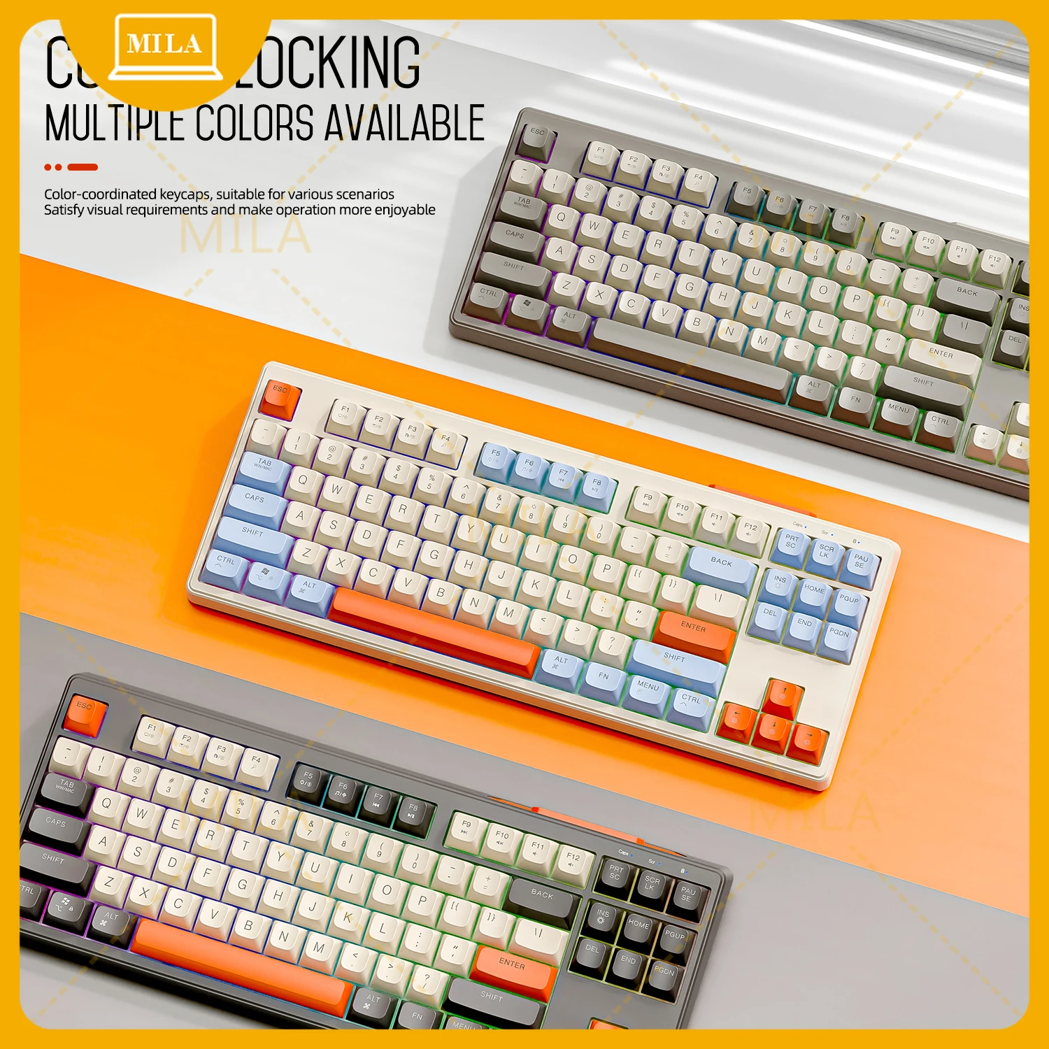 For M87 Wireless Keyboard,87keys Dual Mode Bluetooth Keyboard with Rainbow-light RGB,PBT Ballcaps for Silent Office Gaming