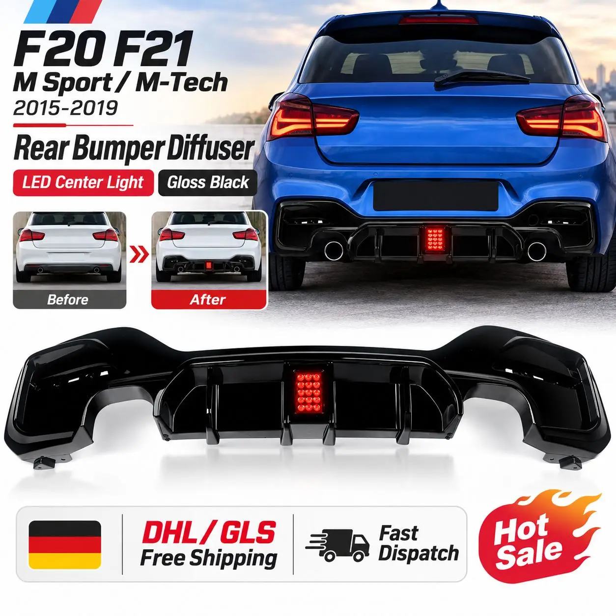 Heckdiffusor-Spoiler für BMW F20 F21 M Sport M-Tech 2015-2019 Auto-Außenteile Karosserie-Kit mit LED M135i M140i Hochglanz-Schwarz