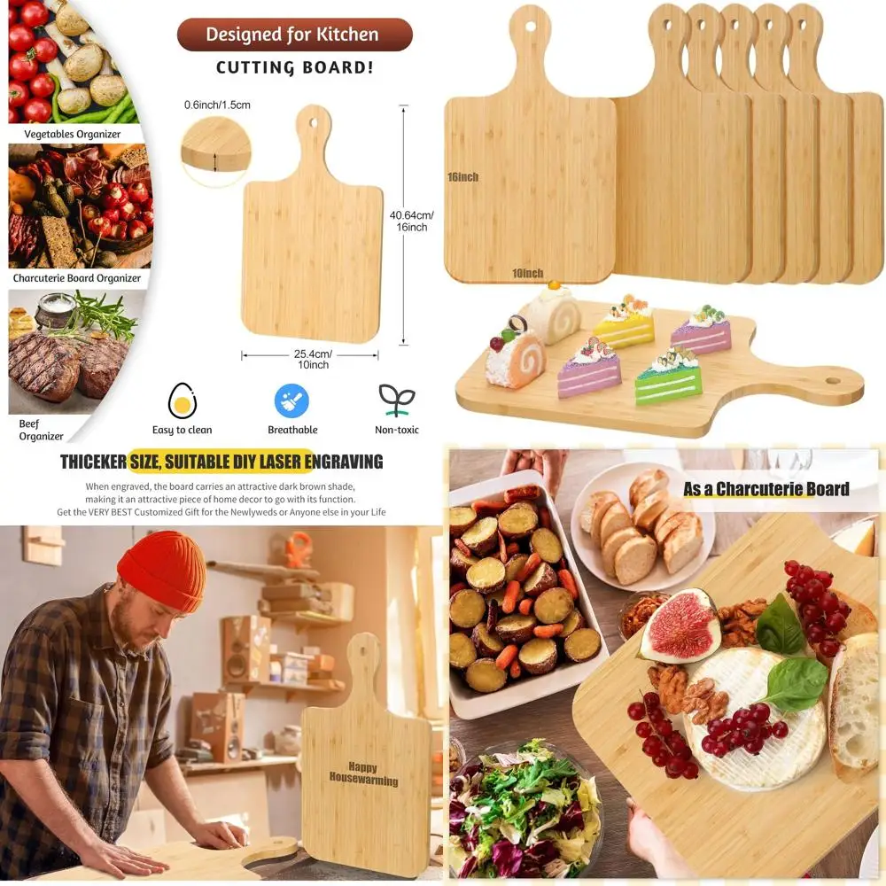 

Set of 6 Bamboo Chopping Boards with Handles, 16x10 Inches, Ideal for Kitchen, DIY Engraving, Wedding, and Housewarming Gifts