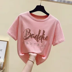Summer 2022 New sequins Letter Crystals Pure Cotton Loose Short Sleeve round Neck Bottoming T-shirt for Women S-4XL