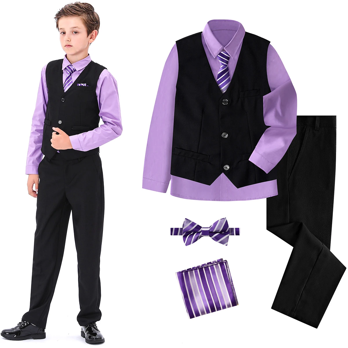 Boys Vest and Pants Set Easter Outfit for Boys Suit 6 Piece Formal Dress Wedding Halloween Mardi Gras Outfit Purple and Black