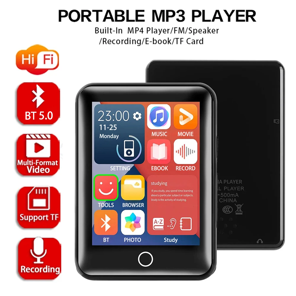 Mini Bluetooth 5.0 MP3 Player 2.5inch Full Touch Screen MP4 HiFi Music Player Built-in Speaker Walkman with FM/Recording/E-Book