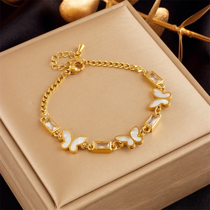 

10 Pieces Stainless Steel White Butterfly Diamond Block Chain Sweet Bracelet Holiday Souvenir Fashion Jewelry for Women