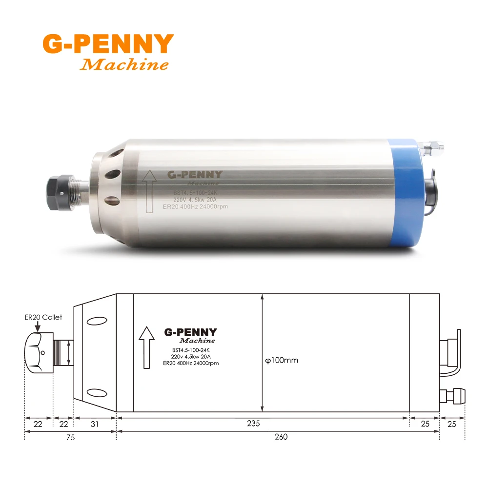 G-PENNY 4.5KW ER20 water cooled spindle motor D100mm Bullet Type 4pcs ceramic ball bearings used for cnc milling machine