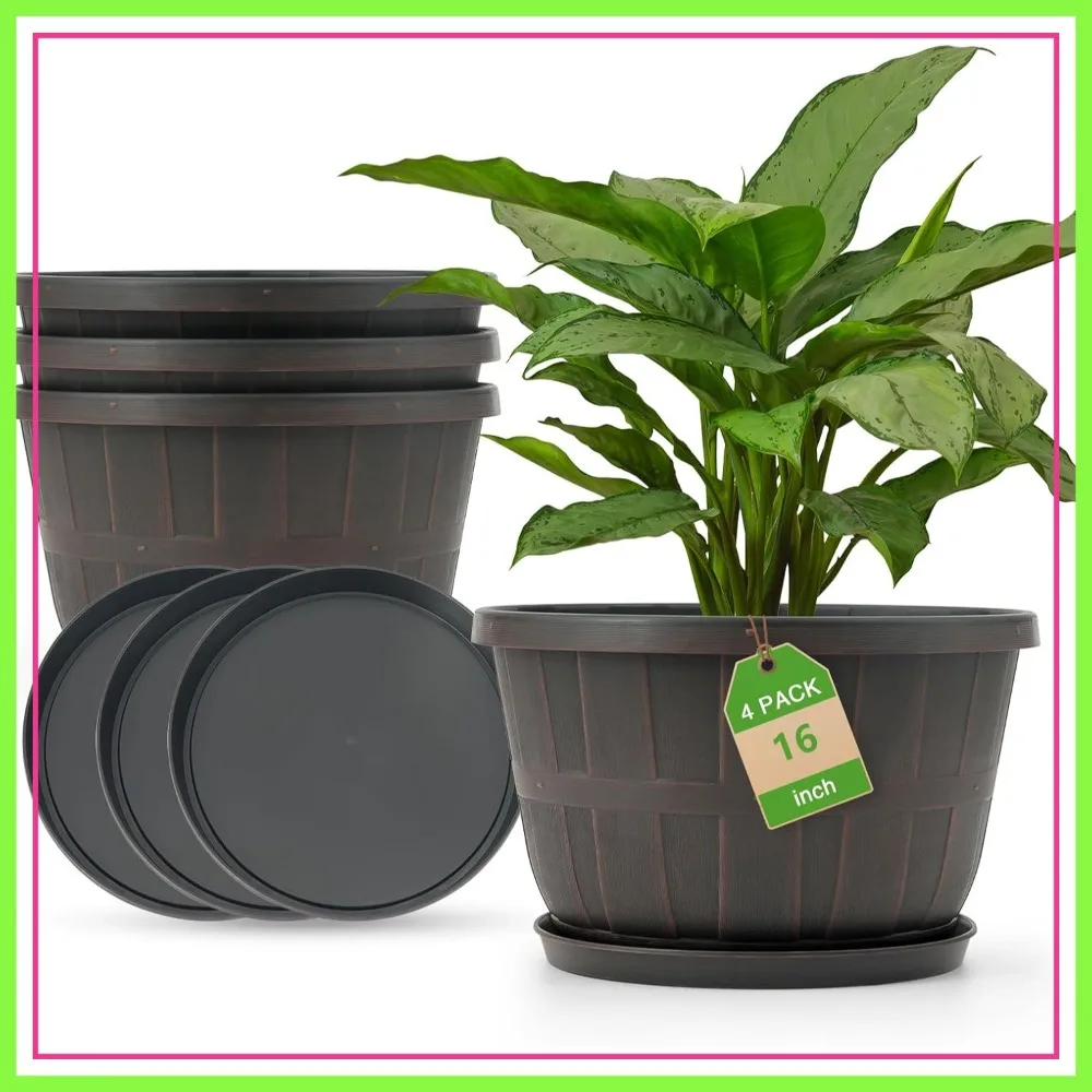 

16-Inch Classic Brown Plastic Whiskey Barrel Planters Set of 4 with Drainage Holes & Trays for Indoor Outdoor Use