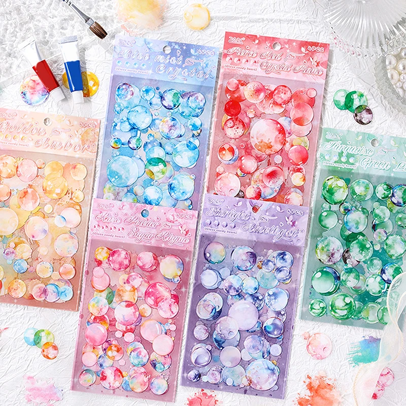 4 Sheets Colorful Series Decorative Sticker Watercolor Foil Stamping Collage Scrapbooking Label Diy Diary Journal Planner