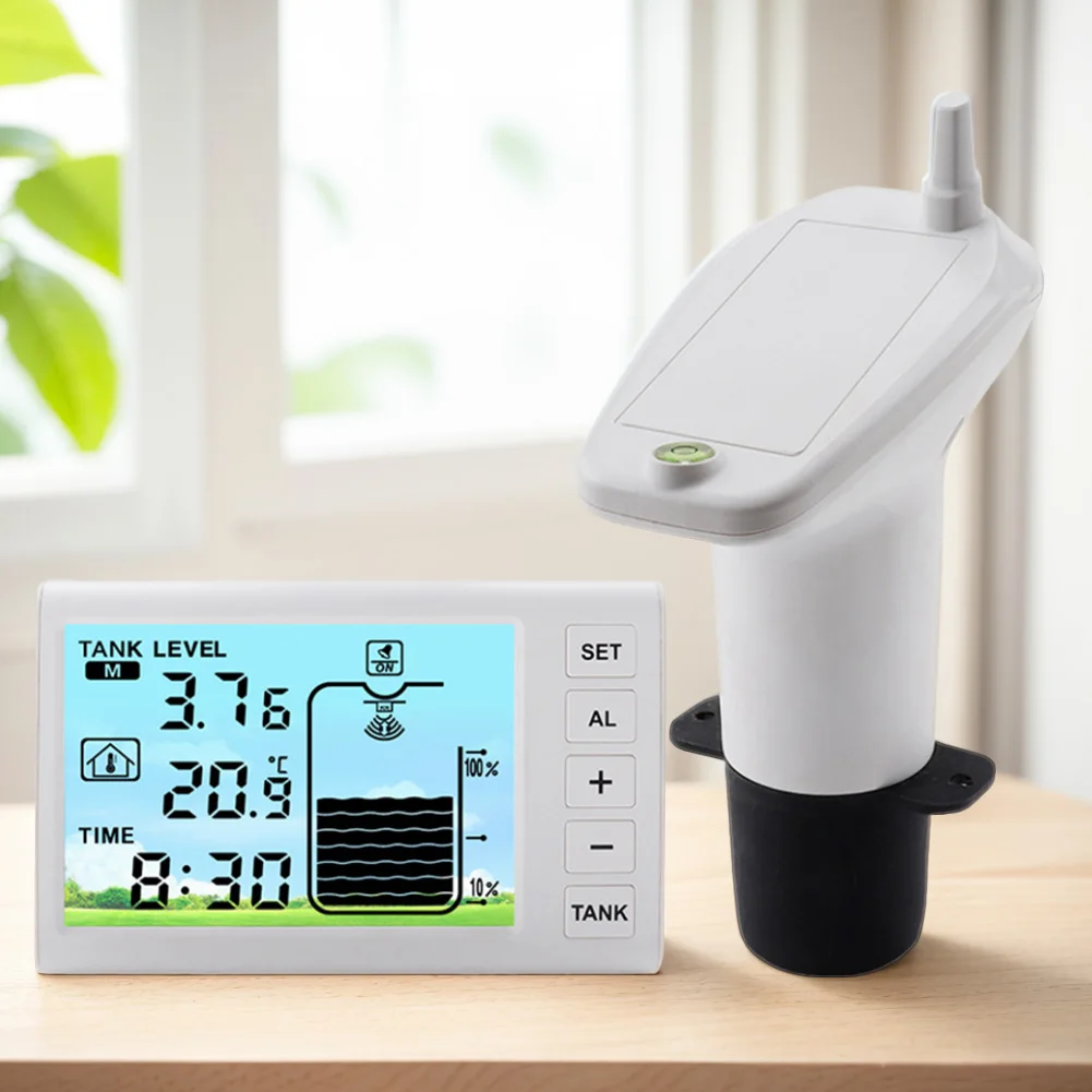 ไร้สายอัลตราโซนิกถังน้ำเครื่องวัดระดับของเหลวเซ็นเซอร์อุณหภูมิแสดงเวลาพร้อมนาฬิกาปลุกเครื่องวัดระดับน้ำ