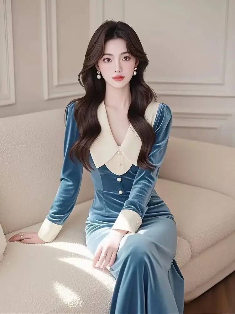 

Синее бархатное платье, женское осенне-зимнее новое элегантное лоскутное платье с высокой талией и длинными рукавами для похудения, длинная юбка