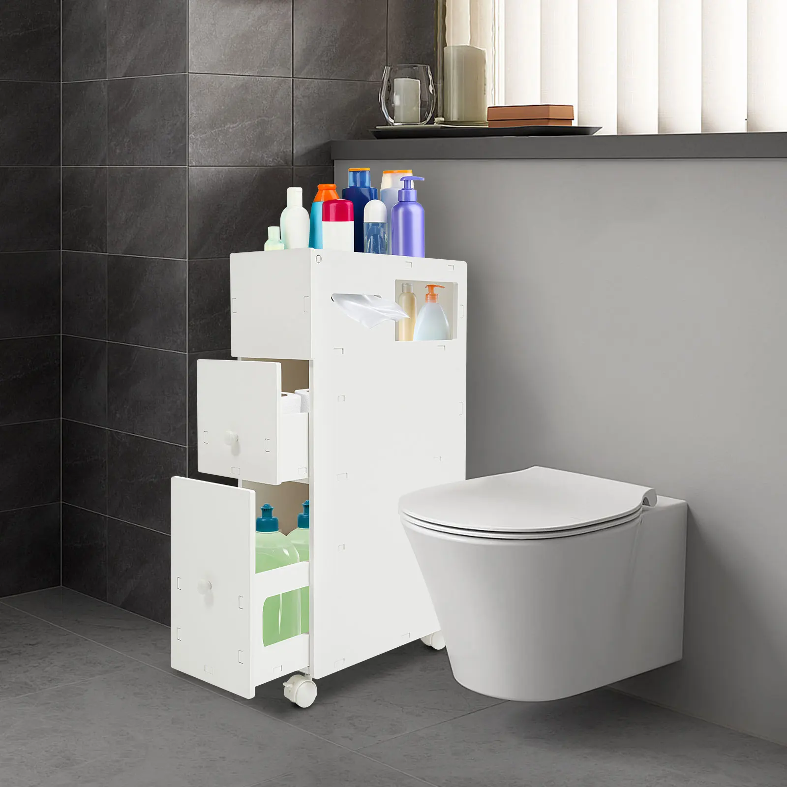 Badezimmer-WC-Aufbewahrungsschrank mit Klappdeckel, Taschentuchbox, abschließbares Rad mit 2 Schubladen, moderner weißer Schrank für den täglichen Gebrauch