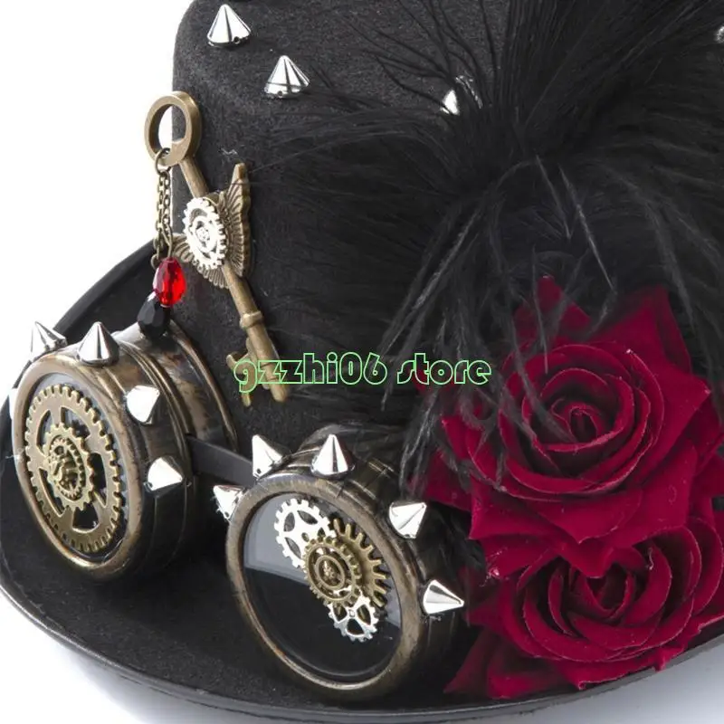 T5UF Black Steampunk Hat Vintage Top Hat with Goggles Dark Rose for Costume Accessory