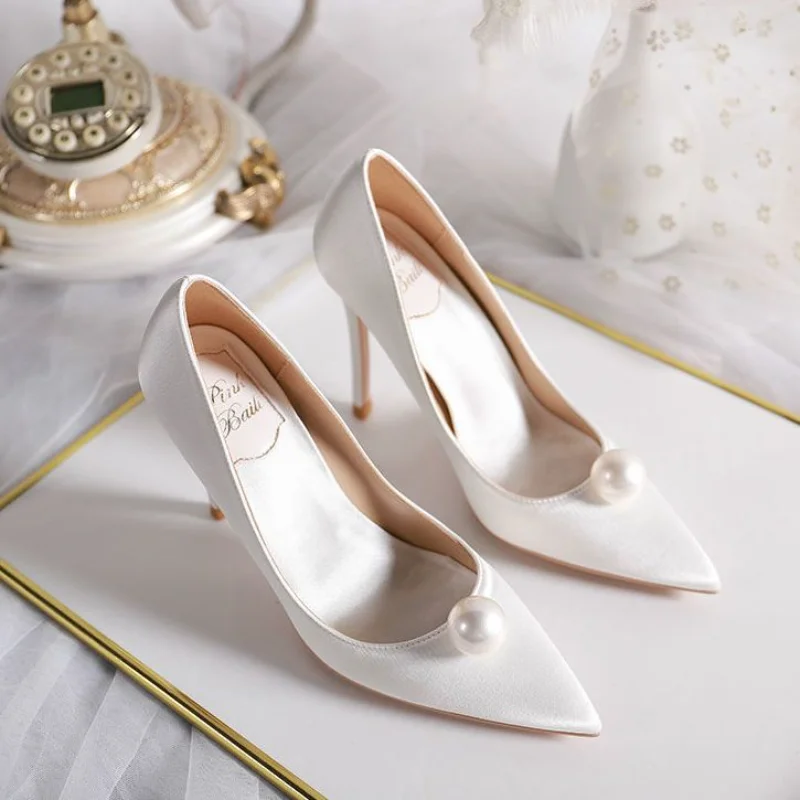 Bride Pumps Shoes for Woman 2024 Stilito Women\'s Summer Footwear Pearl Red on Heeled Pointed Toe White High Heels Shoe Popular A