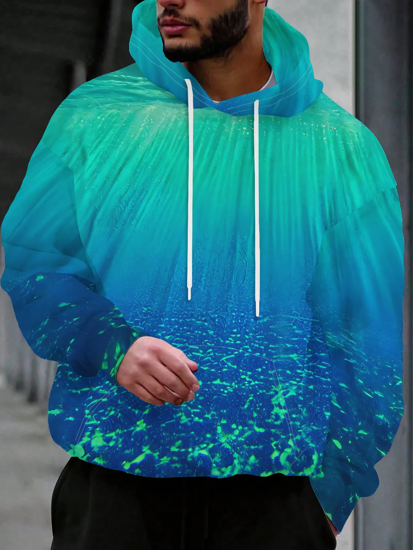 Men Cyan Blue Gradient Splash Ink 3D Print Hoodie Abstract Colorful Graphic Casual Long Sleeve Hooded Sweatshirt