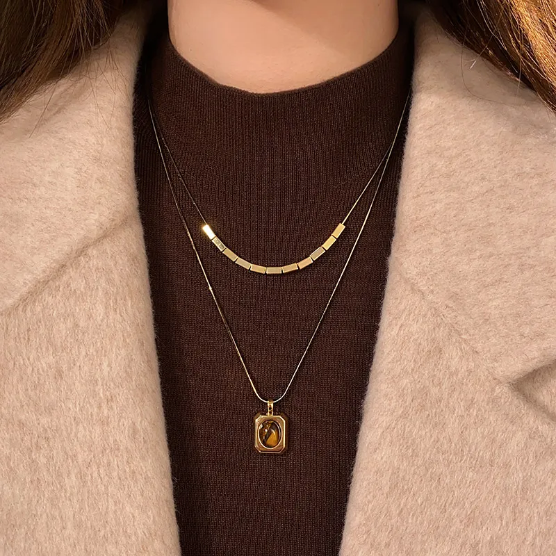 Schwarzgoldfarbene Doppelschichtige Tigerauge-Stein-Anhängerkette für Damen, Herbst-/Winter-Pulloverkette, Schmuckzubehör-Set – Detail 5