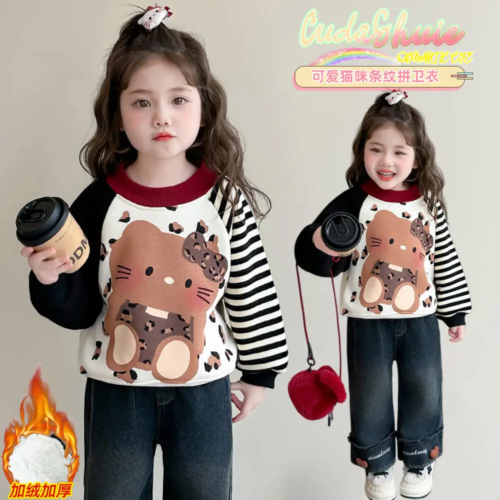 

Sanrio Hello Kitty Girls' Fleece Sweatshirt Autumn Winter Cartoon Baby Tops Thickened Warm Bottoming Shirt Children's Clothing
