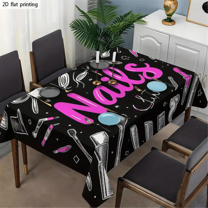 Funny Nails Art Tablecloth Black Background Manicure Nail Polish Salon Decor Waterproof Table Cover