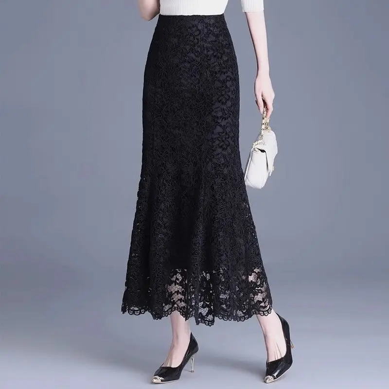 

New Flocking Composite Lace Fishtail Midiskirt Women's Temperament Bag Hip Skirt OL Office Lady One-step Long Skirt