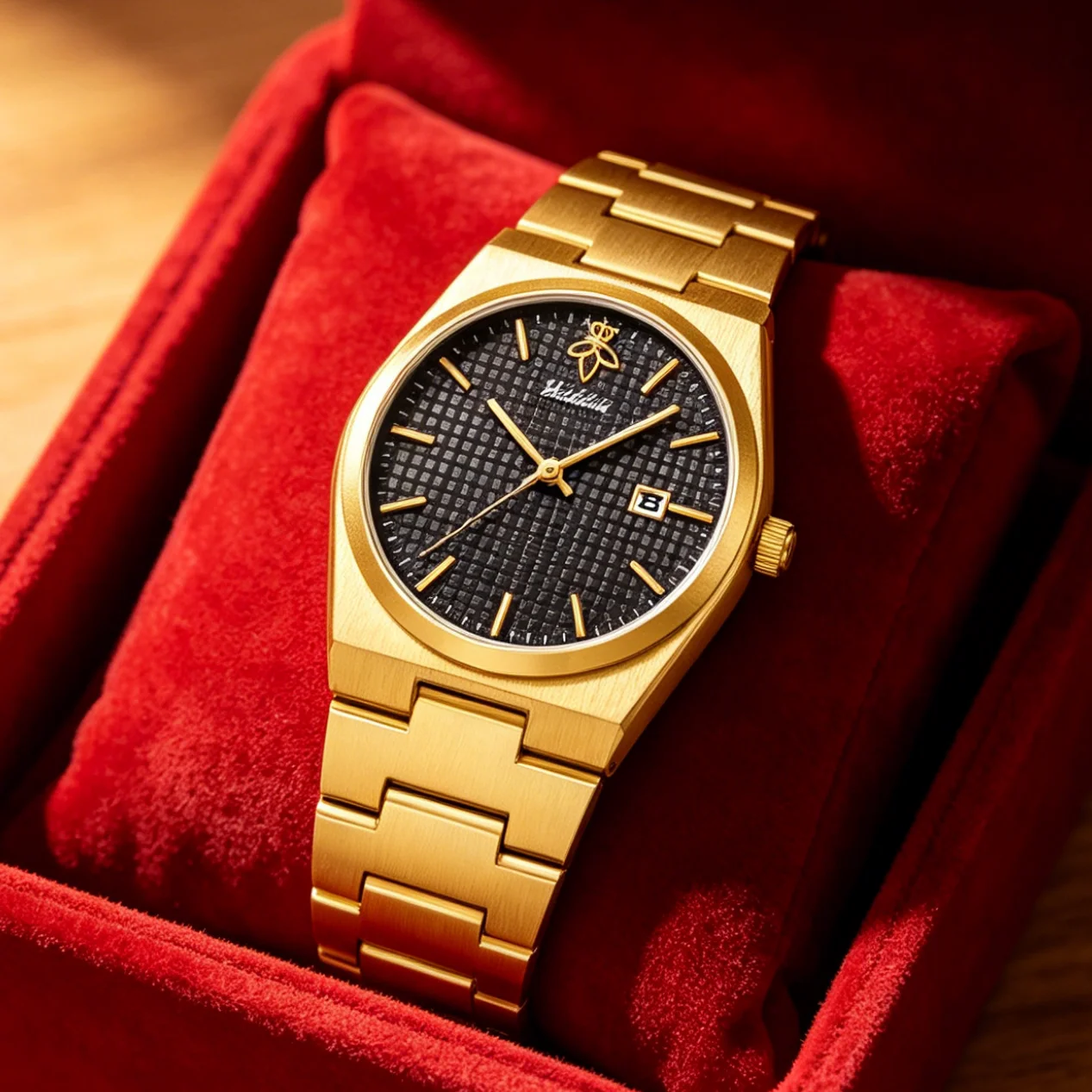 

YaLaLuSi Men Watch Luxury Gold Grid Dial Quartz Wristwatch with Date Function Elegant Metal Band Business Dress Watch Gift Box for Men