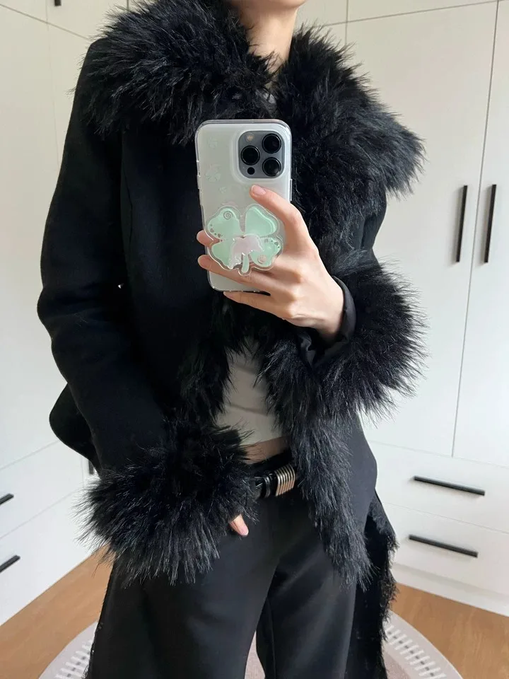 Black Furry Patch Turn-down Collar Short Overcoat Women Gothic Spring Autumn Y2k Slim Punk Grunge Open Stitch Top Jacket