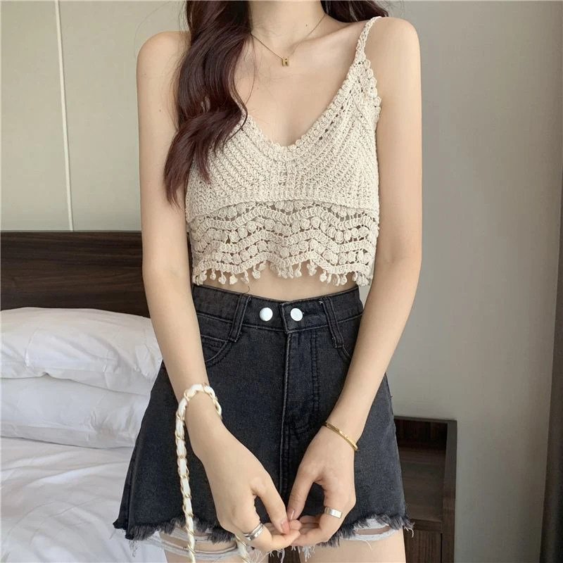 

Women Vintage Cotton Linen Camisole Embroidery Heart Striped Spaghetti Strap Crop Top Crochet Knit Beach Sling Vest