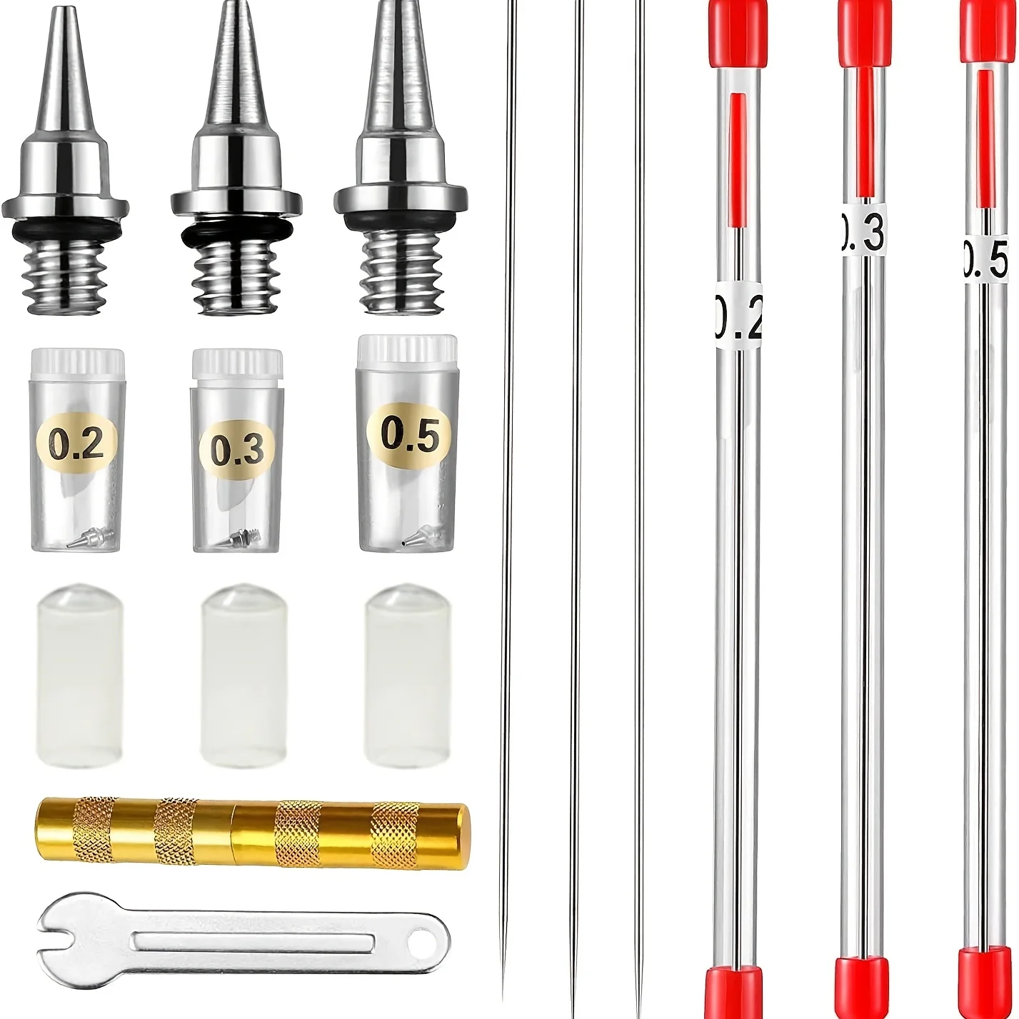 11-piece nozzle set 0.2/0.3/0.5mm metal airbrush nozzles with transparent silicone protective caps and wrench