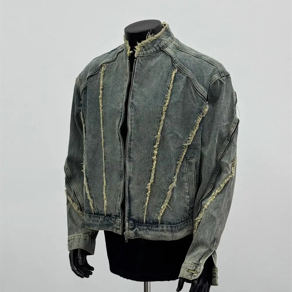 Vintage deconstruction rough edge washed denim jacket spring and autumn short locomotive stand-up collar handsome jacket