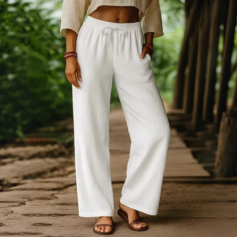 New Elastic Casual Solid Color Cotton Linen Trousers Wide-leg Pants