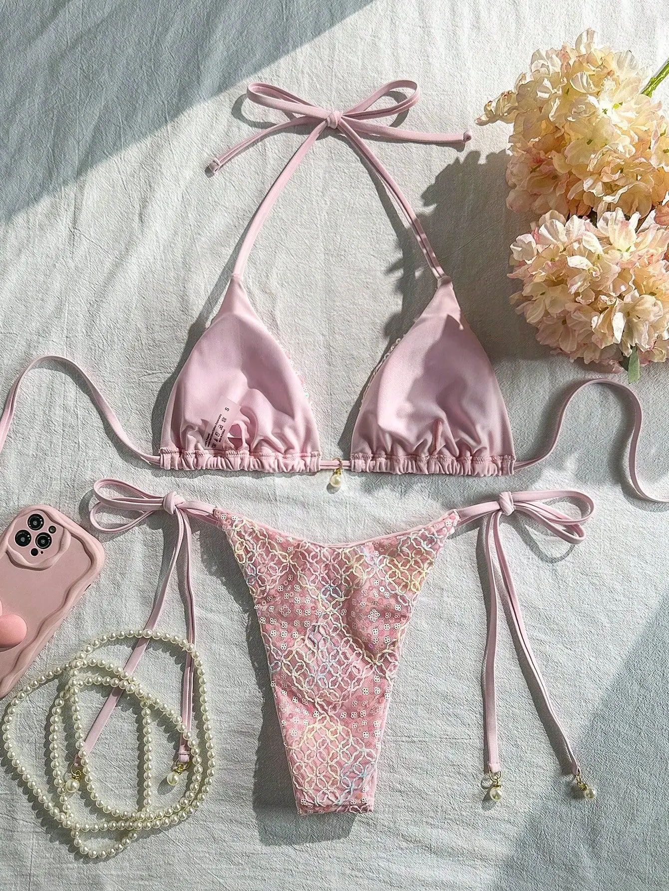 Pink Flower Emboss Solid Swimwears Halter String Triangle Bikini Micro Thong Sexy Swimsuit Women 2026 Bathing Suit Bikinis Sets view 2
