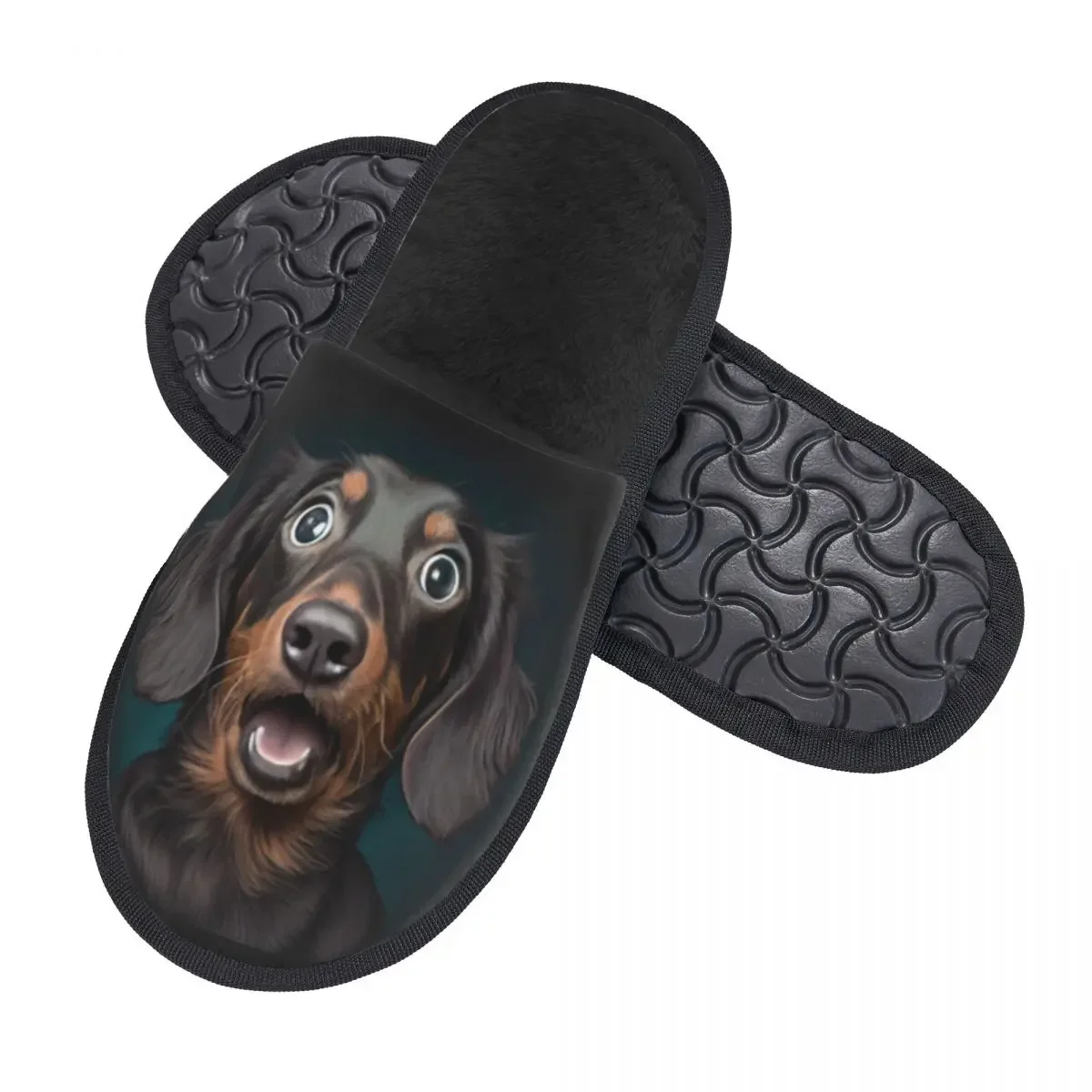 Shocked Dachshund Dog Portrait Indoor Slippers Furry Slipper Winter Home Shoes House Flat Closed Toe Slides Flip Flops