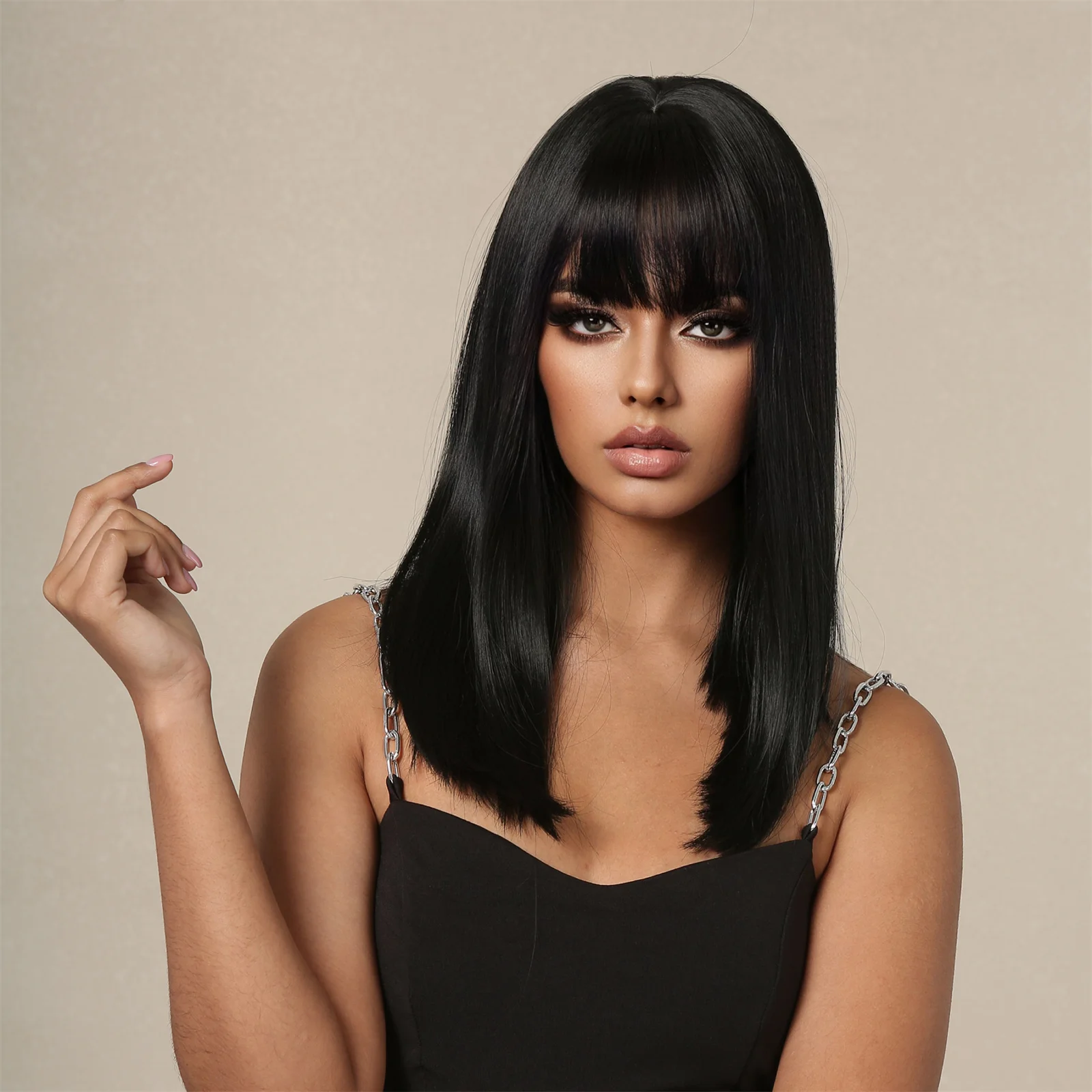 Straight Black Bob Synthetic Wig with Bangs Medium Long Cosplay Layered Wigs for Woman Natural Hair Daily Wig Heat Resistant